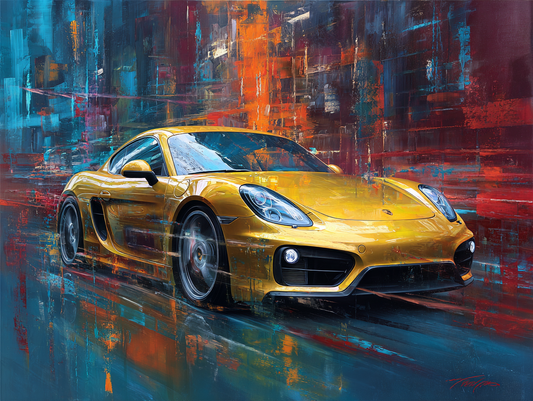 Yellow sports car automotive wall art in a dramatic urban setting