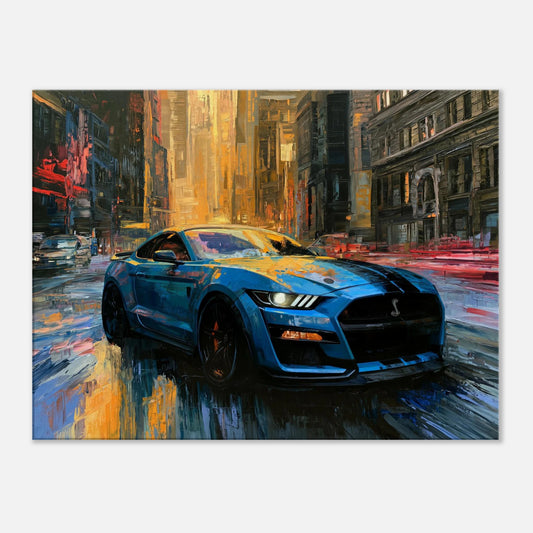 Blue Ford Mustang Mach1 in the city
