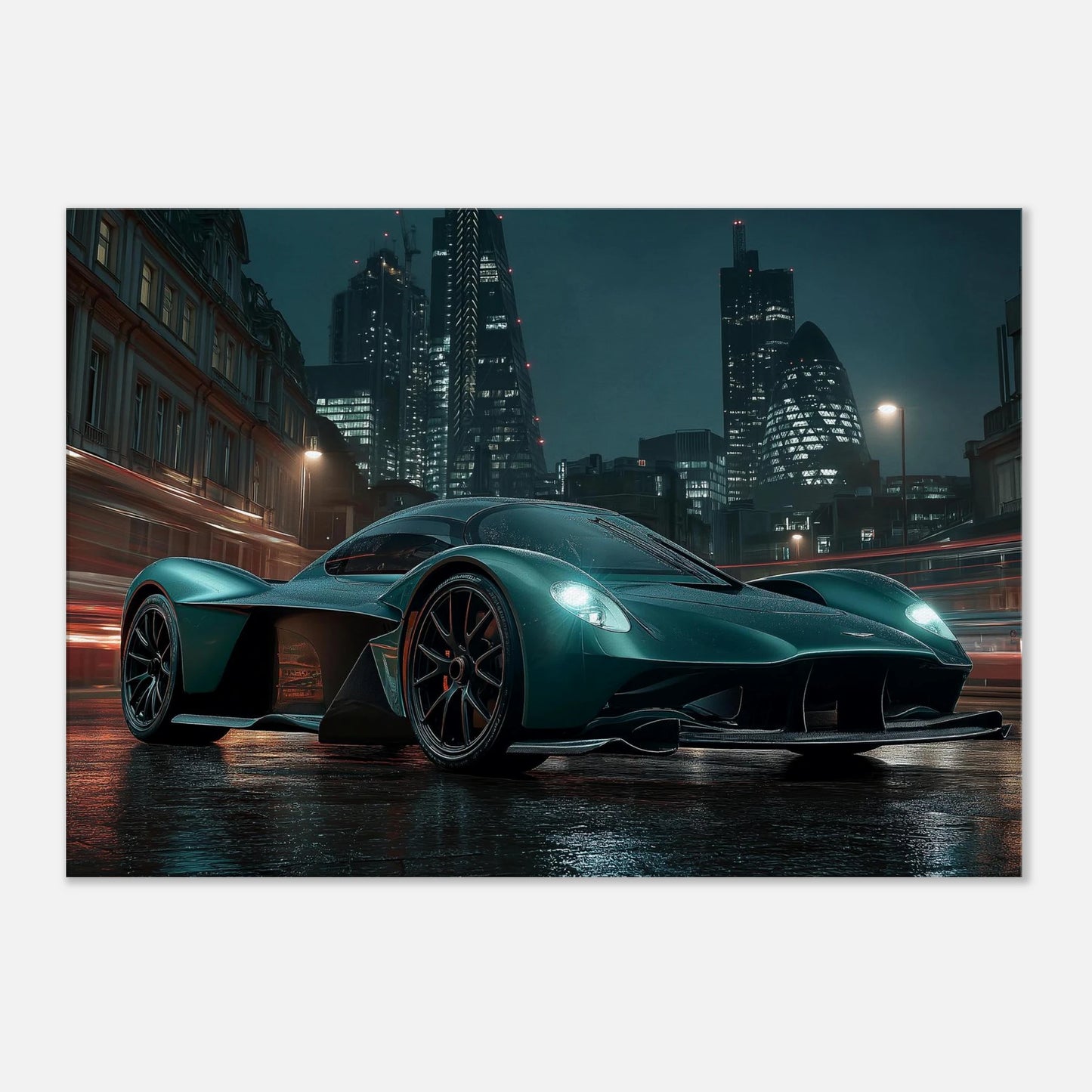 Green Aston Martin supercar against nighttime London skyline