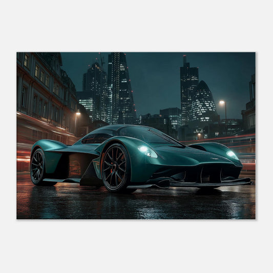 Green Aston Martin supercar against nighttime London skyline